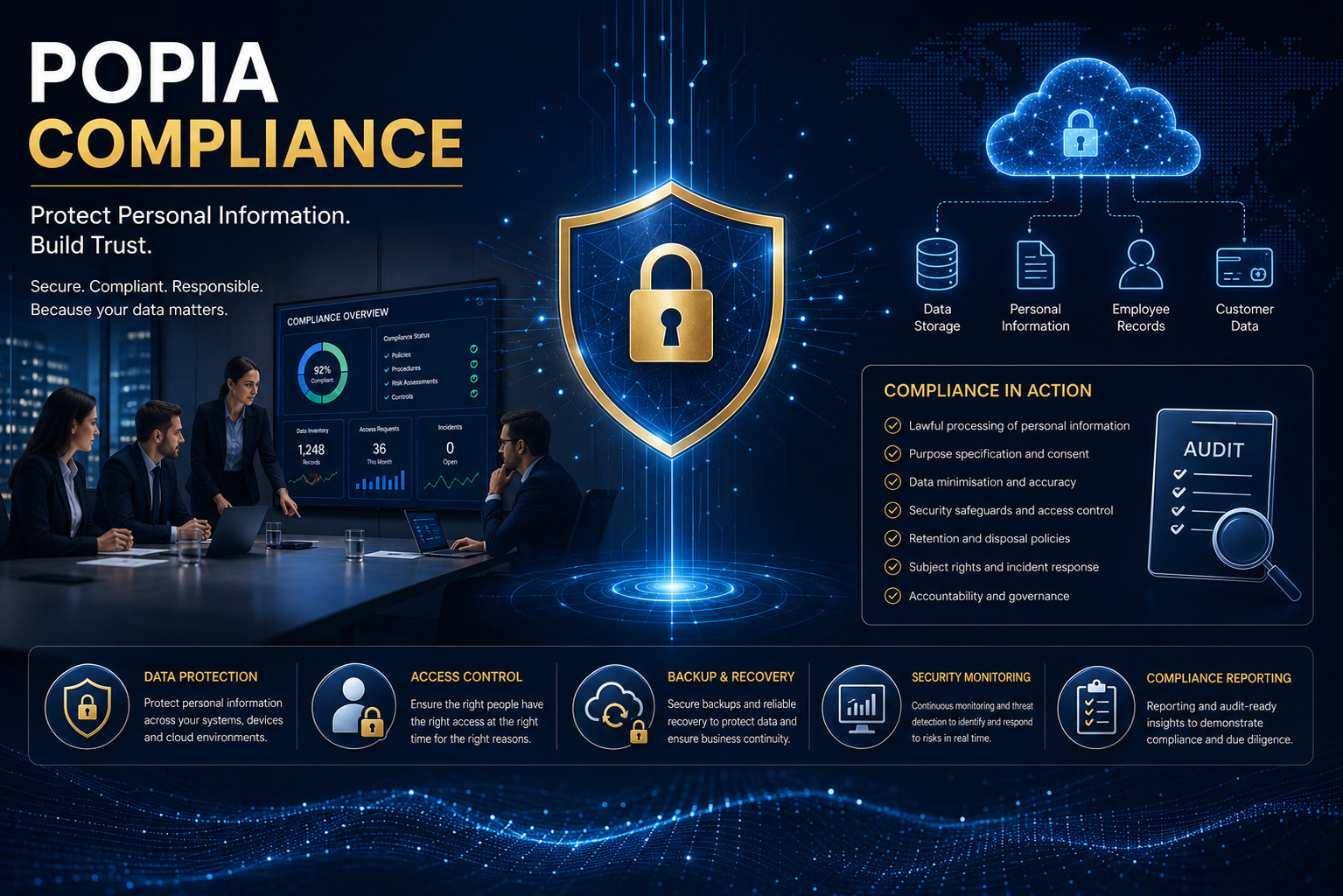 POPIA compliance — data protection, access control, backup and recovery, security monitoring and compliance reporting across data storage, personal information, employee records and customer data.