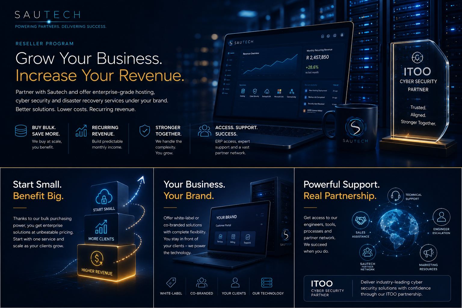 Sautech Reseller Program — buy bulk and save more, build recurring revenue, white-label or co-branded solutions, and powerful support backed by engineers, tools and the Sautech partner network.