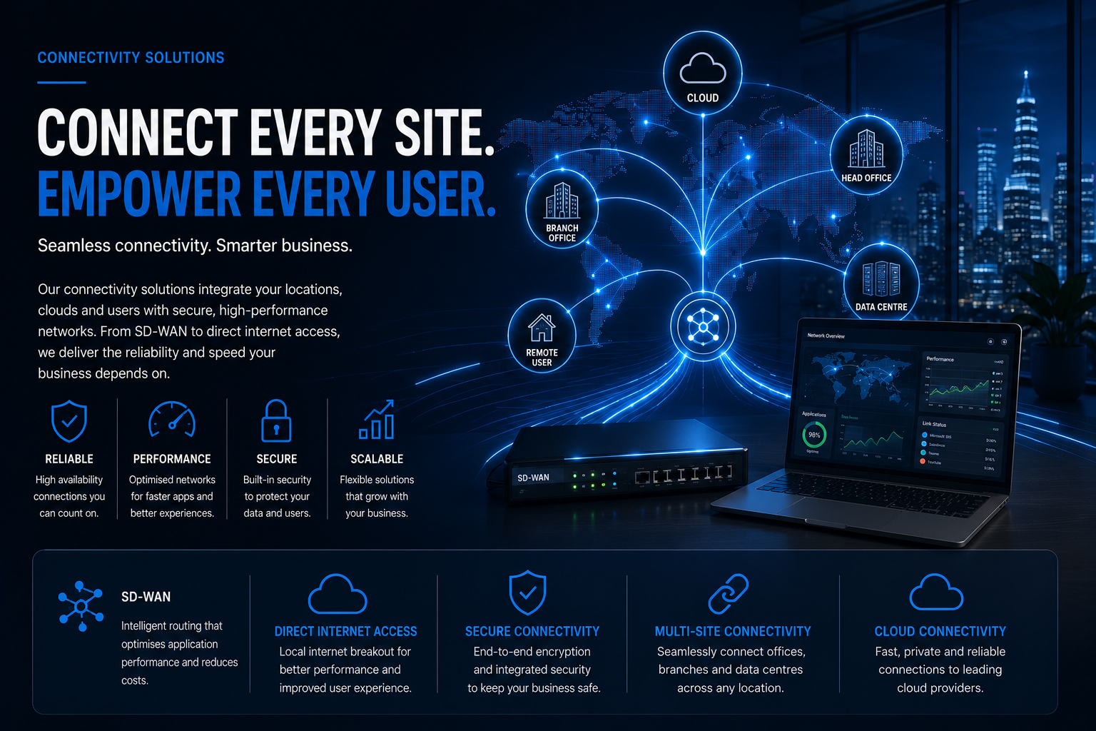 Connect every site, empower every user — SD-WAN, direct internet access, secure, multi-site and cloud connectivity linking cloud, head office, branch offices, remote users and data centres.