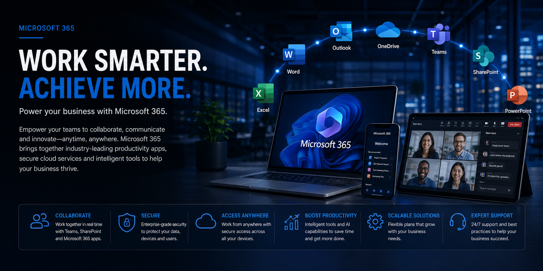 Work smarter, achieve more with Microsoft 365 — Word, Excel, Outlook, OneDrive, Teams, SharePoint and PowerPoint working together to collaborate, secure, access anywhere and boost productivity.