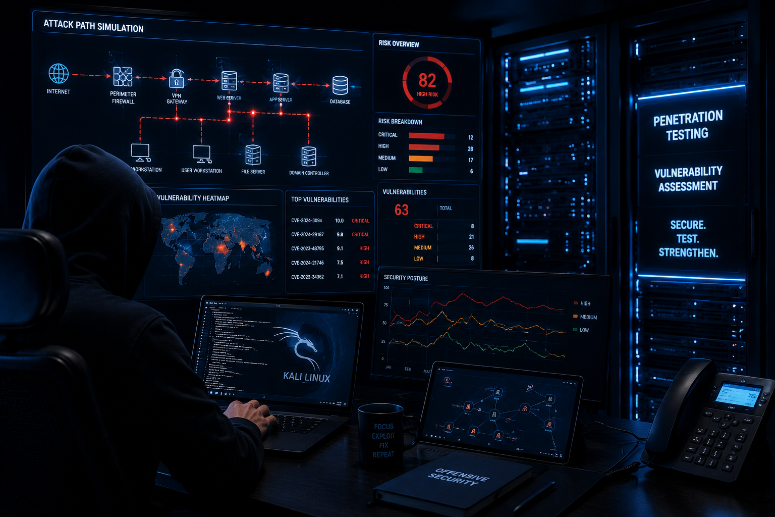 Penetration testing and vulnerability assessment — attack path simulation, risk overview, vulnerability heatmap and security posture dashboards. Secure. Test. Strengthen.